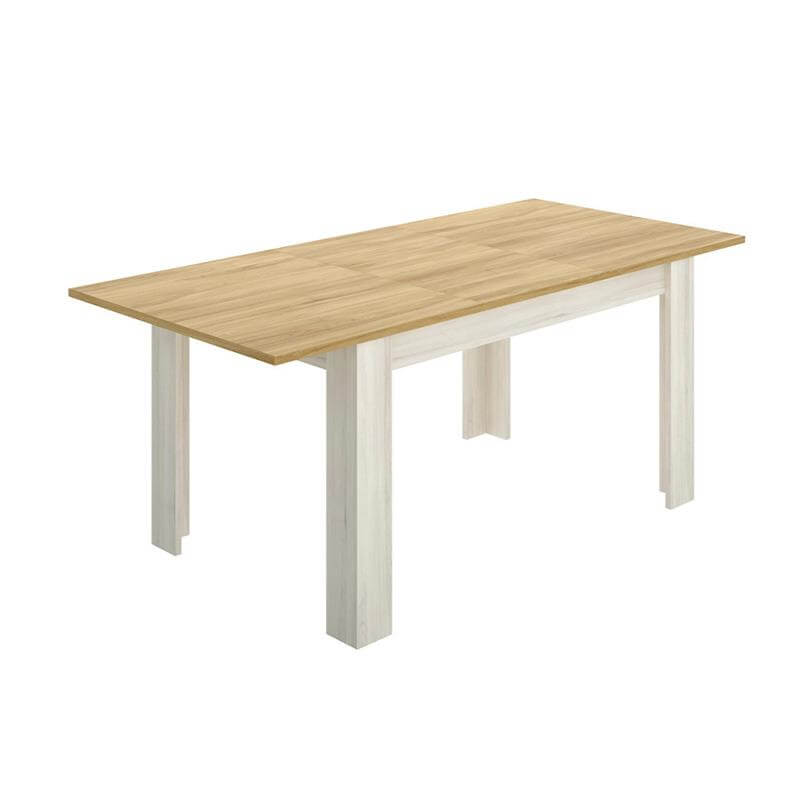 Mesa Kendra extensible en blanco y roble, estilo nórdico, melamina duradera, 190x90x76 cm abierta