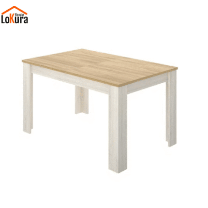 Mesa Kendra extensible en blanco y roble, estilo nórdico, medidas de 140x90x76 cm