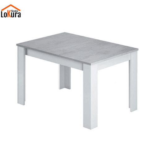 Mesa Kendra extensible en blanco y gris cemento, medidas 140x90x76 cm cerrada y 190x90x76 cm abierta