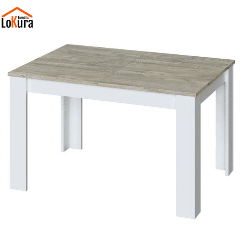 Mesa Kendra extensible en blanco y madera, moderna y resistente, medidas 140x90x76 cm cerrada