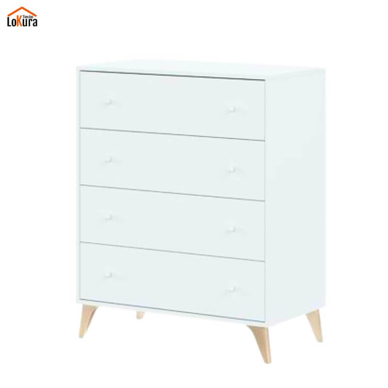 Cómoda 4 Cajones Sweet blanca de estilo nórdico con patas efecto madera, ideal para dormitorios en Canarias
