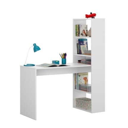 Mesa de escritorio con estantería Duplo en color blanco Artik. Diseño moderno y reversible con estantes para almacenamiento