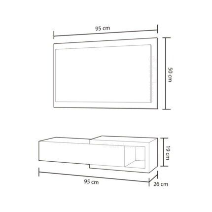 mueble de recibidor noon. Mueble recibidor colgante de madera con espejo pequeño Medidas: 95cm (ancho) x 19cm (alto) x 26cm (fondo)