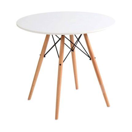 mesa de comedor redonda Paris con patas de madera de haya y varillas metálicas negras, diseño compacto y elegante