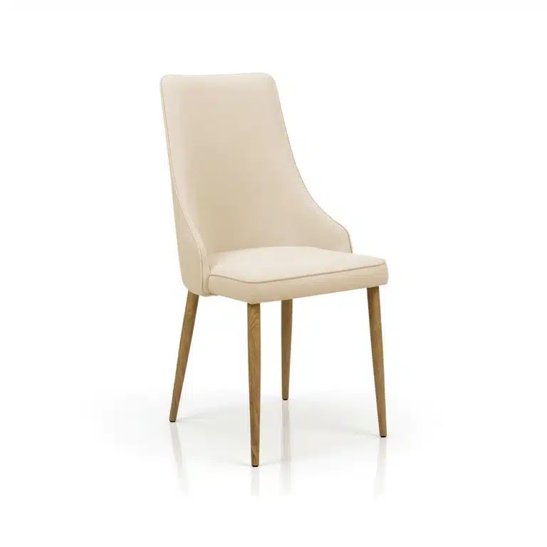 Silla de comedor Briana tapizada en beige con patas efecto madera