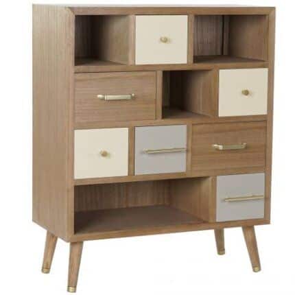 Cajonera Paulownia de melamina y metal con 7 cajones, estilo chic en tonos gris, crema y natural