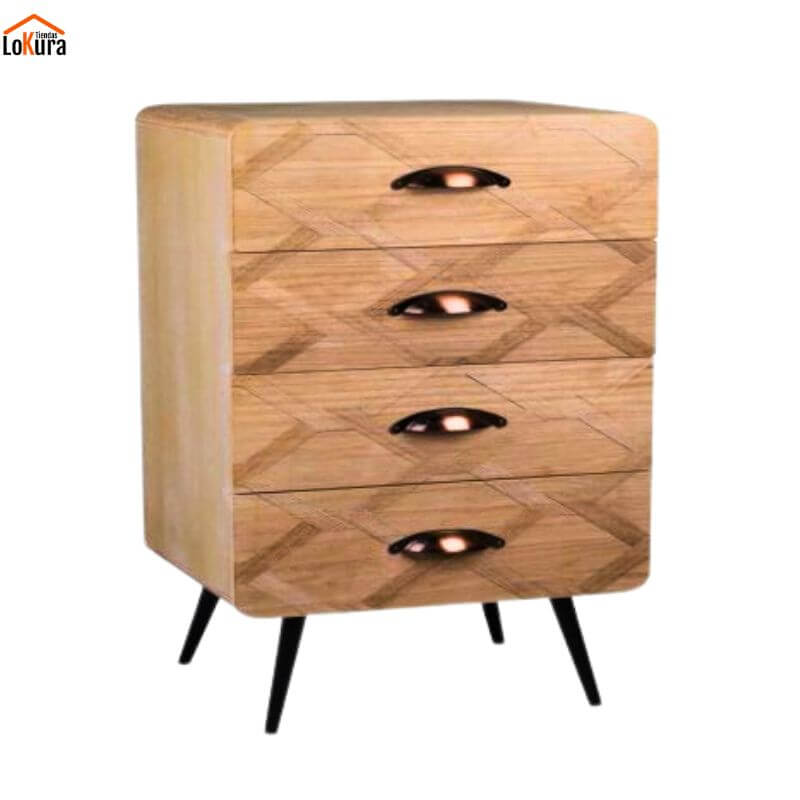 Cajonera 4 cajones natural de diseño escandinavo, estructura compacta en MDF con patas metálicas negras