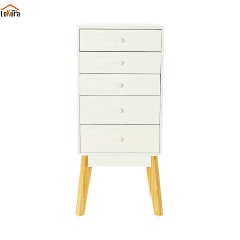 Cajonera 5 cajones blanco de 40x30x90 cm, diseño compacto y funcional para dormitorios modernos