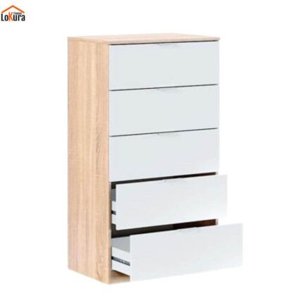Cajonera MDF 5 cajones blanca y roble para dormitorio moderno