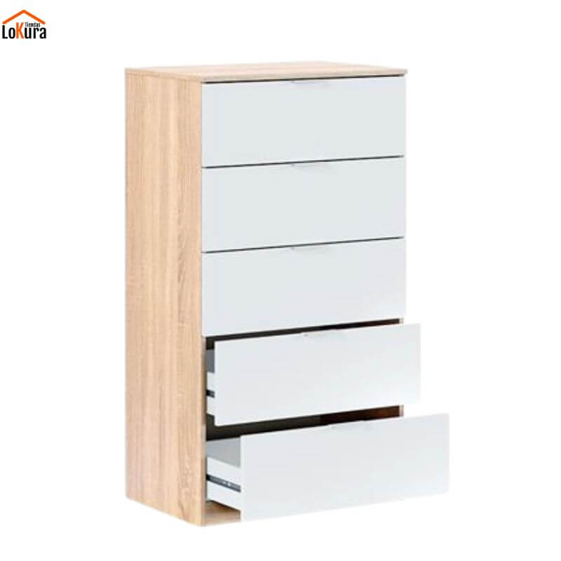 Cajonera MDF 5 cajones blanca y roble para dormitorio moderno