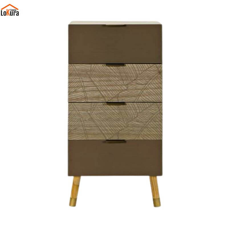 Cajonera hojas de 4 cajones en diseño boho natural, con relieve decorativo y acabado en madera clara