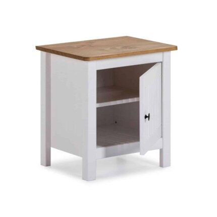 Mesita de noche 1 puerta blanca con tapa madera clara y diseño nórdico