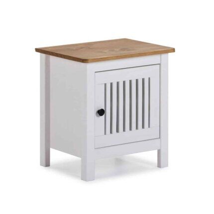 Mesita de noche 1 puerta blanca con listones y tapa de madera natural estilo nórdico