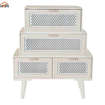 Cajonera madera 3 cajones blanca de 60 cm con diseño escalonado y estilo romántico