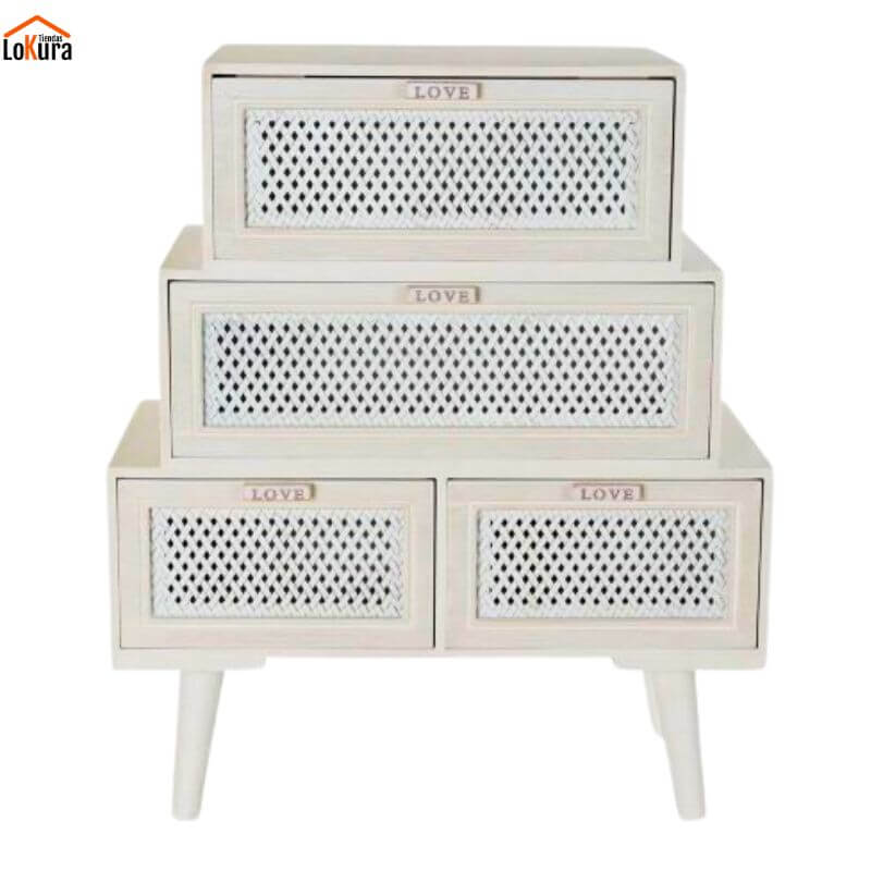Cajonera madera 3 cajones blanca de 60 cm con diseño escalonado y estilo romántico