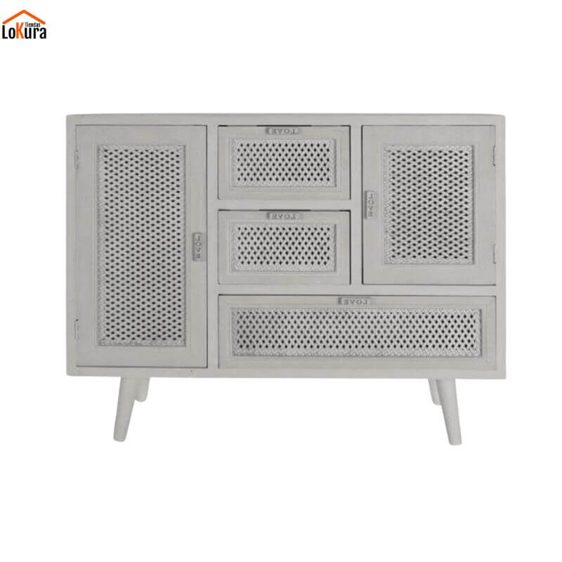 Cajonera madera blanca Alice con 3 cajones y 2 puertas, estilo romántico