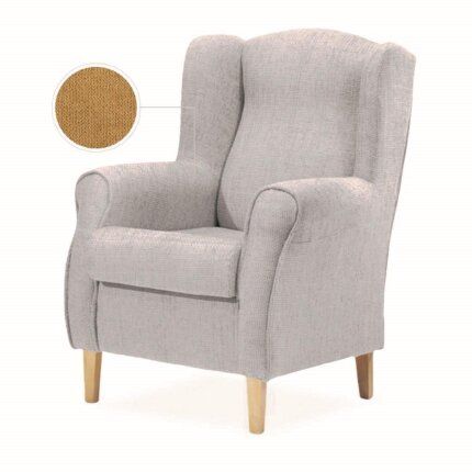 Sillón orejero pequeño Butaca Esther con patas de madera color nogal en un rincón de lectura acogedor