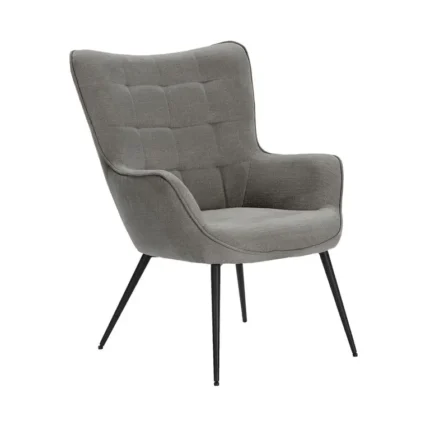Sillón Gretel gris tapizado con respaldo alto y patas metálicas negras