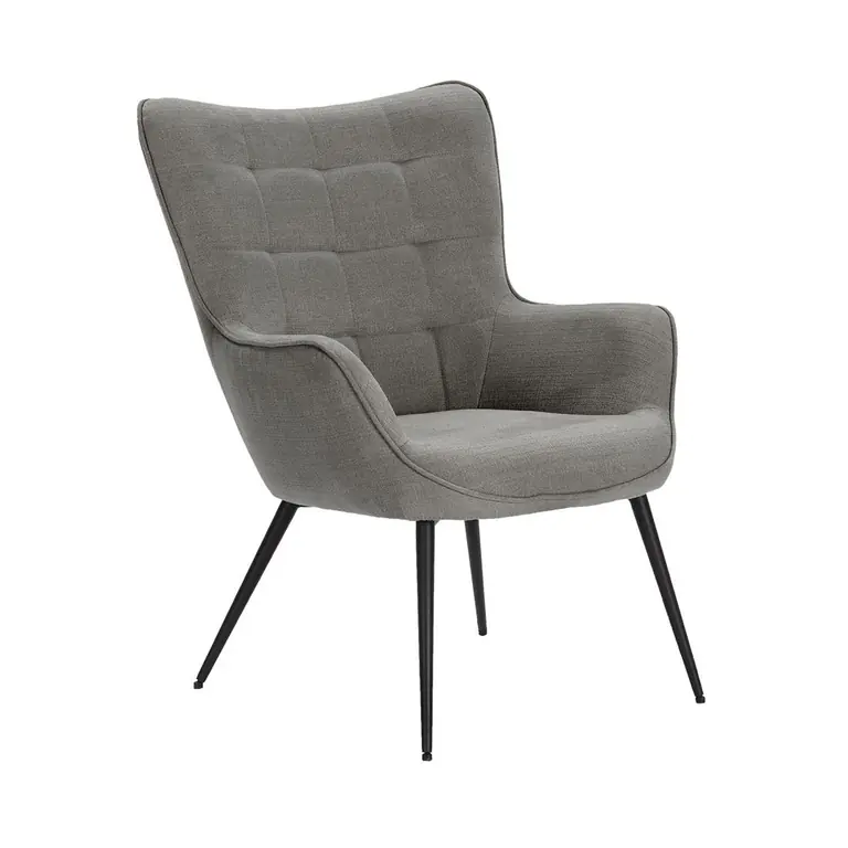 Sillón Gretel gris tapizado con respaldo alto y patas metálicas negras