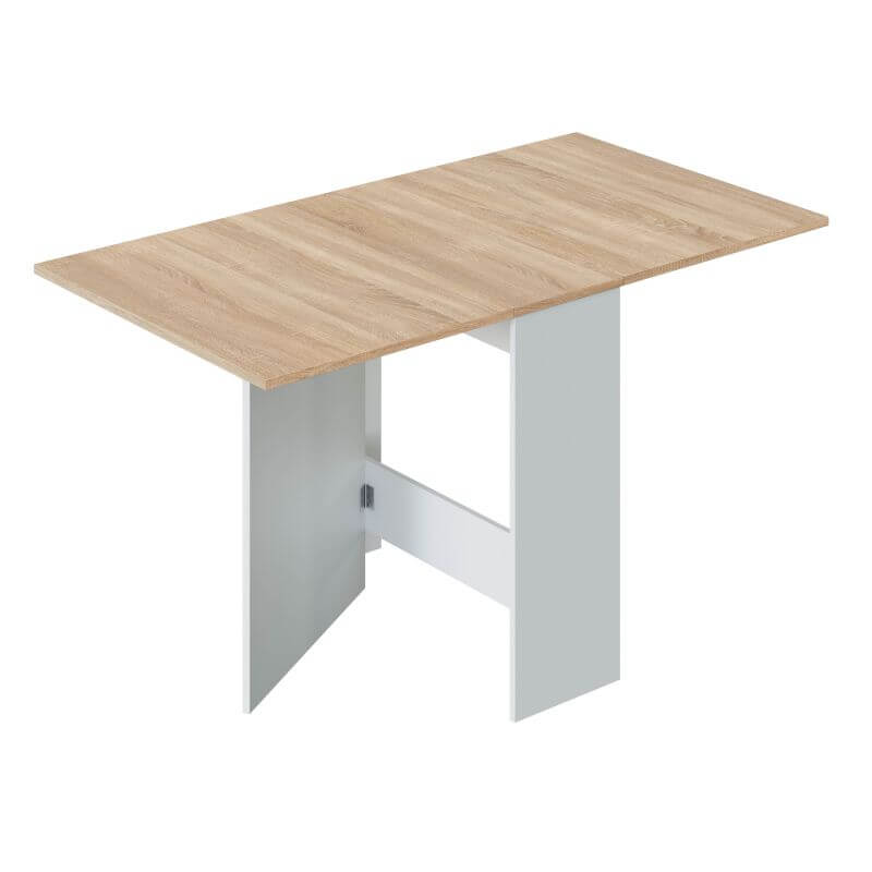 Mesa de comedor Fly en su máxima extensión de 142 cm, perfecta para comedores modernos, color blanco artik-roble canadiense