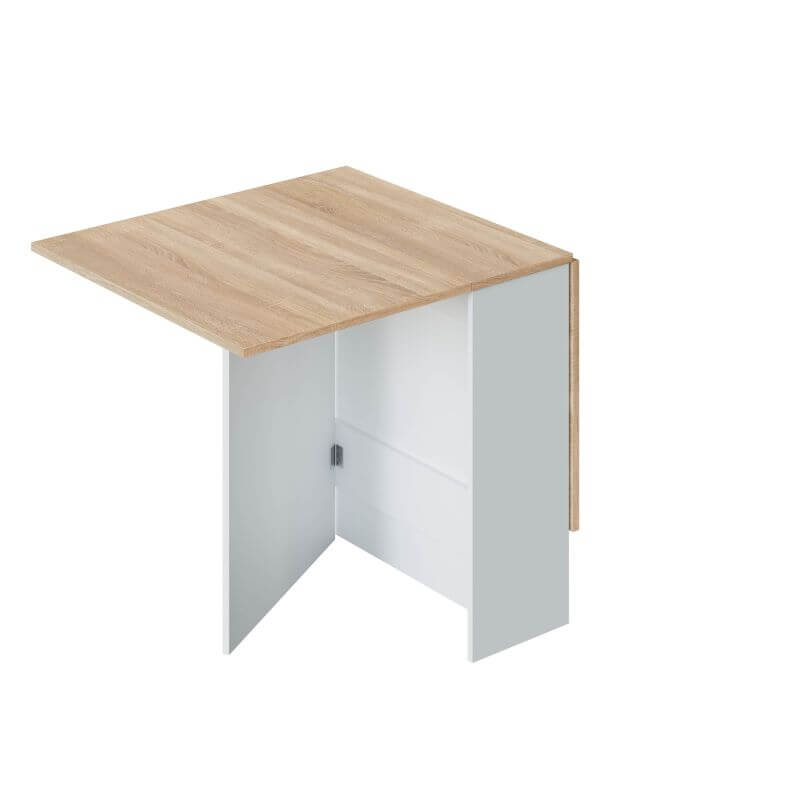 Mesa Fly desplegada a 87 cm de fondo, diseño minimalista en blanco artik-roble canadiense