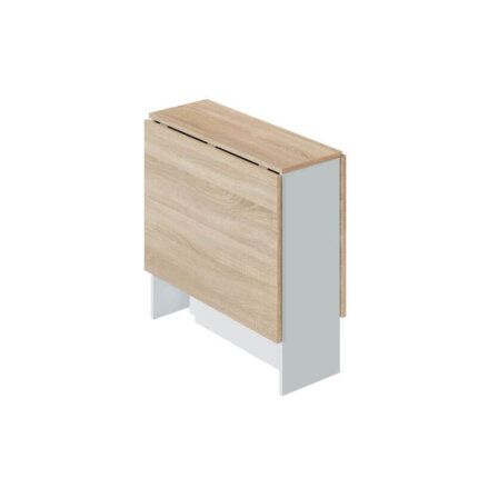 Mesa de comedor extensible Fly en posición cerrada, 31 cm de fondo, color blanco artik-roble canadiense
