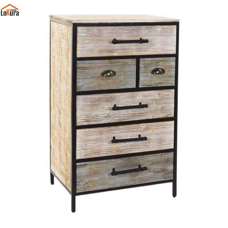 sinfonier madera metal con 6 cajones, estructura negra y acabado envejecido estilo industrial