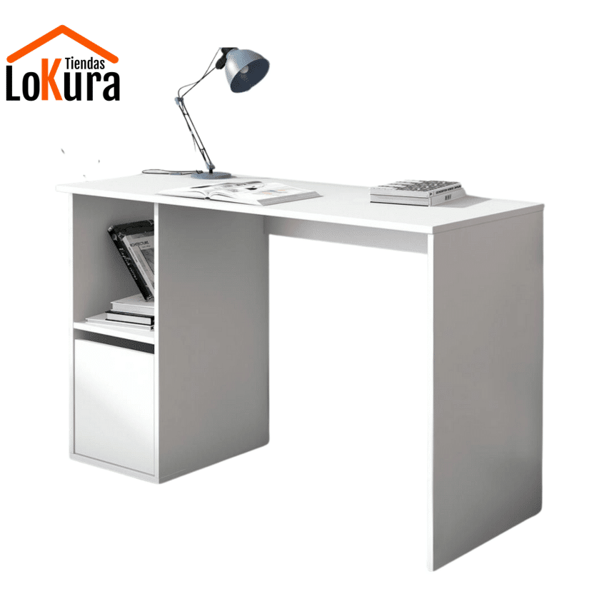 Mesa de estudio blanca Aura 120x50x74,6 cm con puerta de almacenamiento y diseño moderno para oficina o dormitorio juvenil