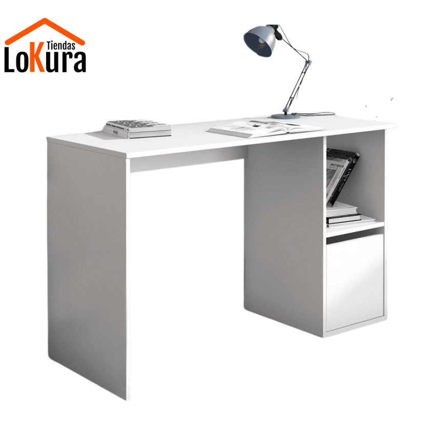 Mesa de estudio blanca Aura con almacenamiento integrado, perfecta para oficinas, despachos modernos y habitaciones juveniles
