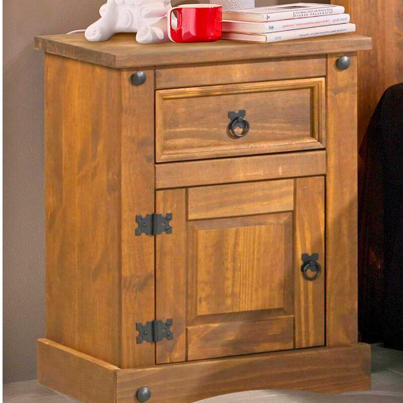Mesita de noche de madera maciza con acabado rústico y tirador de forja negra, incluida en el pack cabecero 110cm Nebraska