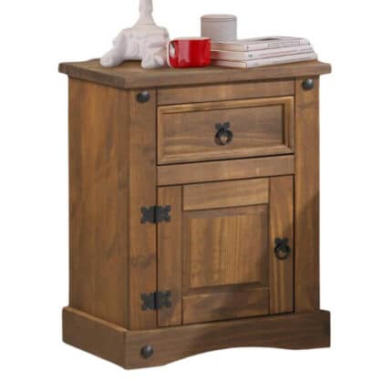 Mesita de noche rústica Nebraska de madera maciza con cajón y puerta, ideal para dormitorios en Canarias