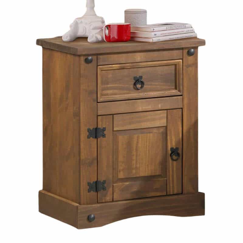 Mesita de noche rústica Nebraska de madera maciza con cajón y puerta, ideal para dormitorios en Canarias