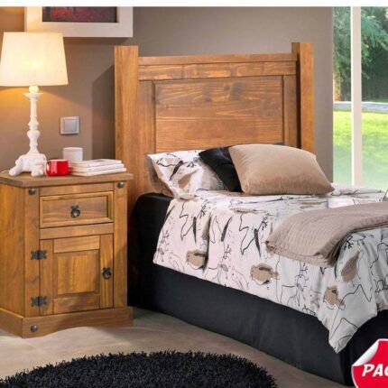 Pack cabecero 110cm y mesita Nebraska en madera de pino maciza, estilo rústico para cama individual en Canarias