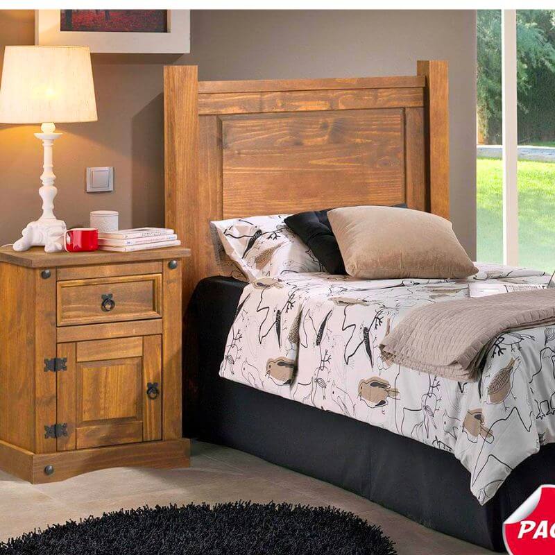 Pack cabecero 110cm y mesita Nebraska en madera de pino maciza, estilo rústico para cama individual en Canarias