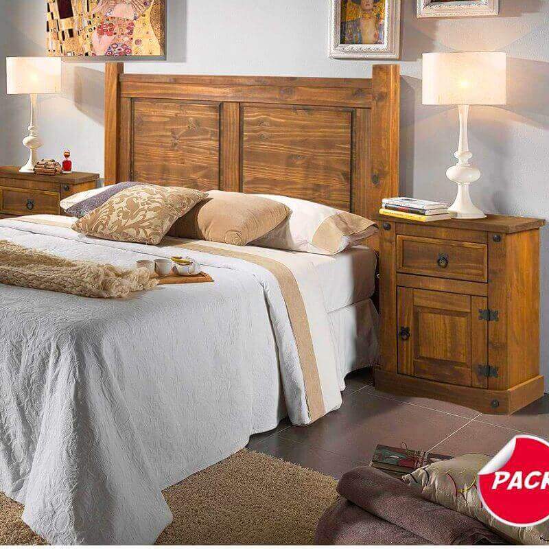 Pack cabecero 155 cm y 2 mesitas de madera maciza modelo Nebraska con acabado rústico, ideal para dormitorios en Canarias
