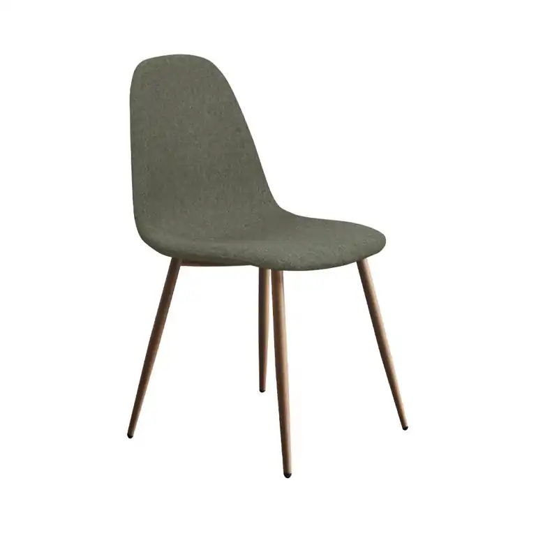 Silla de comedor tapizada en verde oliva con patas metálicas color cambrian para comedor contemporáneo