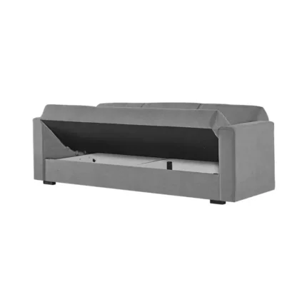 Sofá cama libro Turkish desplegado como cama en color gris piedra, ideal para dos personas en espacios