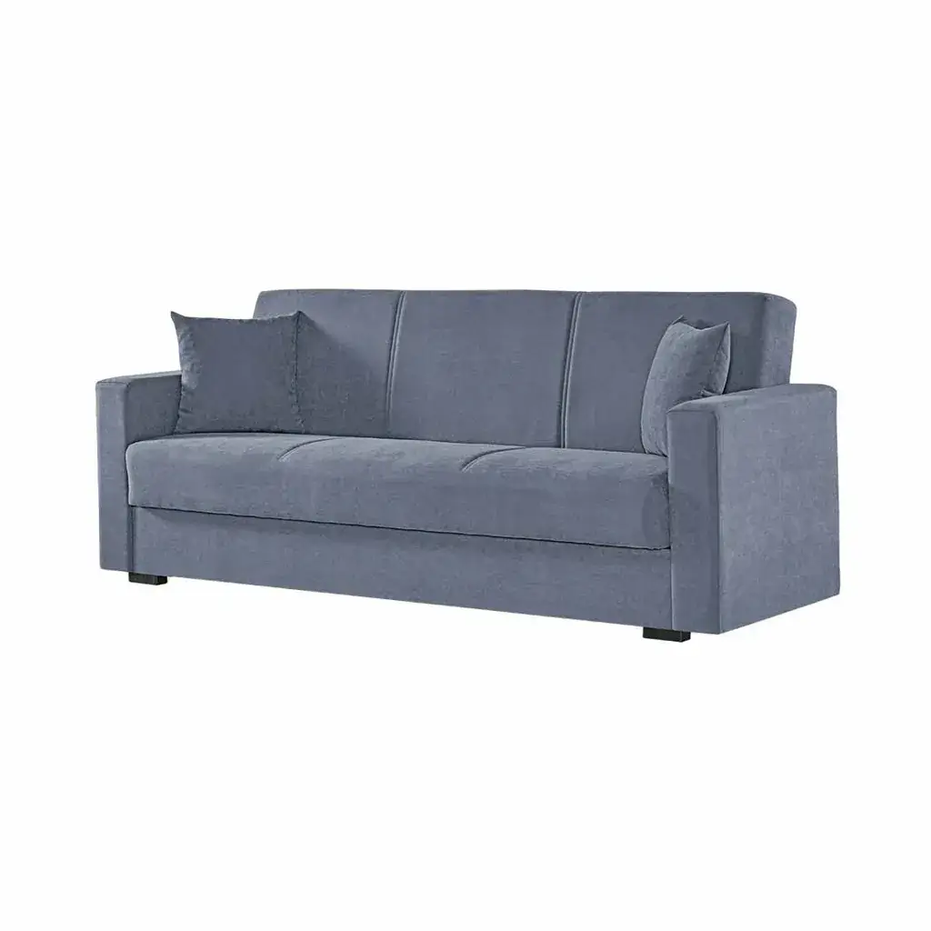 Sofá cama libro Turkish color azul intenso con diseño moderno, cojines incluidos y reposabrazos rectos.