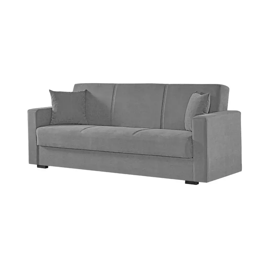 Sofá cama libro Turkish gris piedra con diseño moderno, arcón y mecanismo click-clack