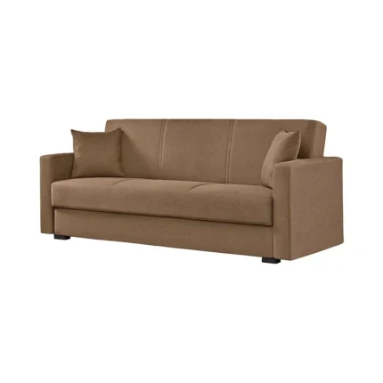 Sofá cama libro Turkish color visón suave con arcón y mecanismo click-clack, ideal para hogares en Canarias.