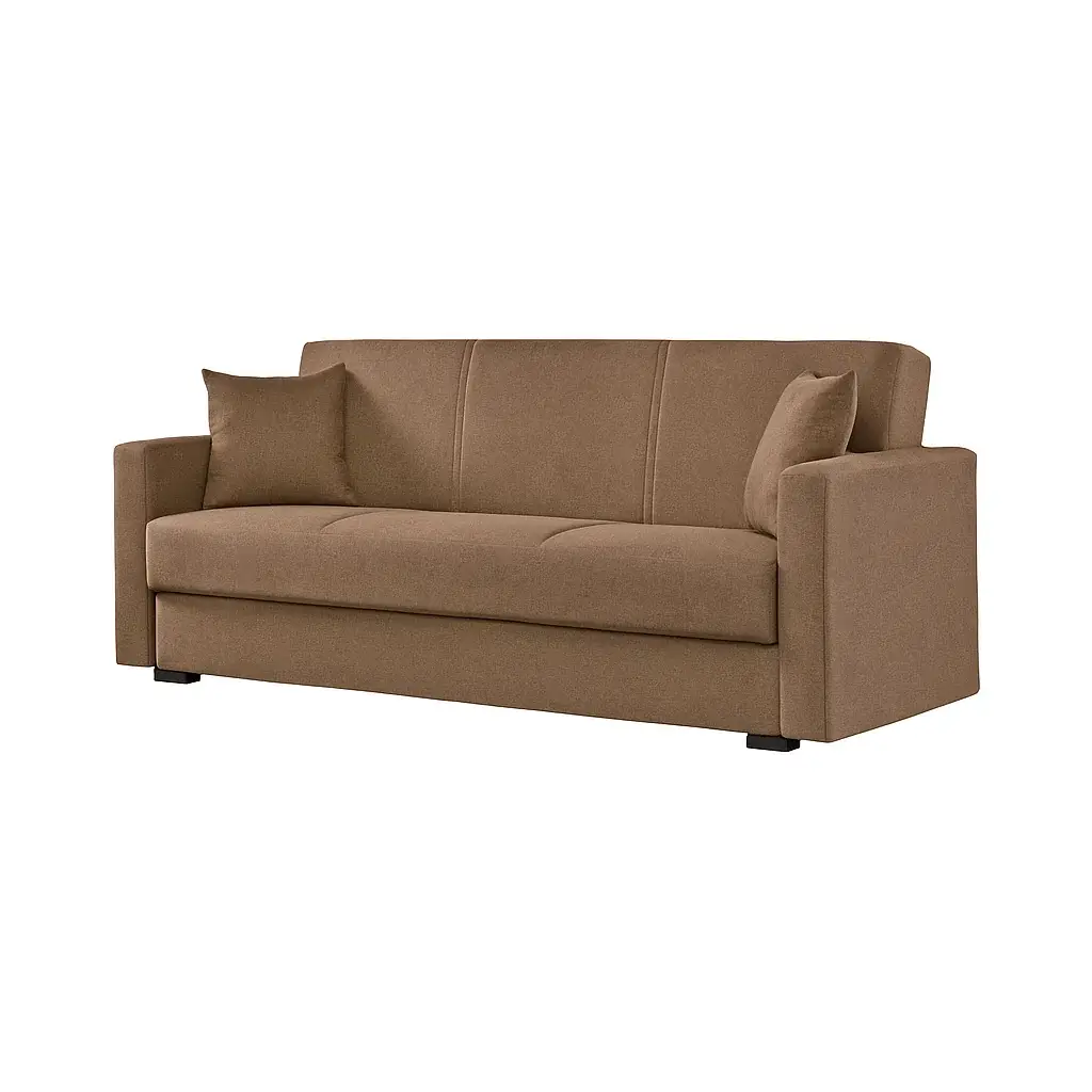 Sofá cama libro Turkish color visón suave con arcón y mecanismo click-clack, ideal para hogares en Canarias.