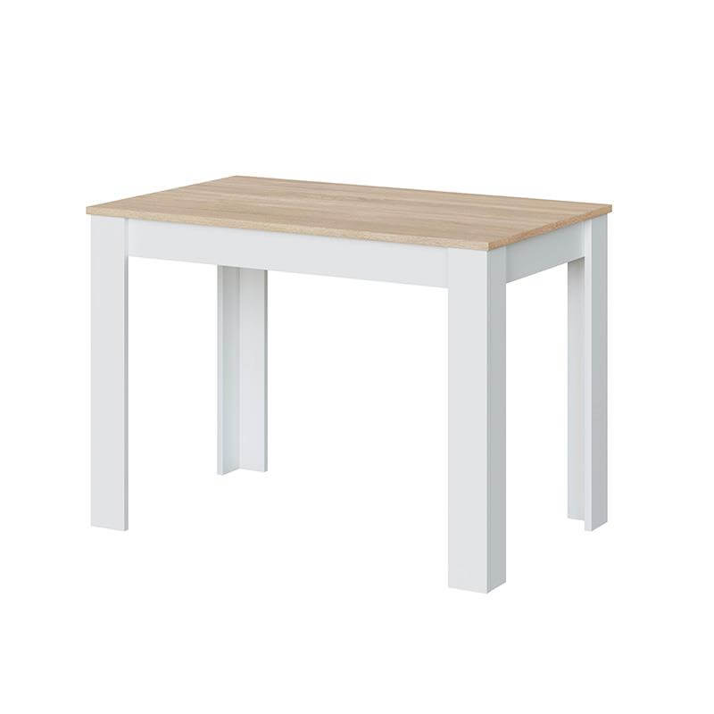 Mesa de cocina fija Cloe con acabado en roble canadiense y patas blancas.