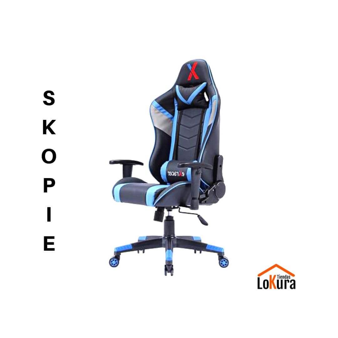 Silla gamer azul y negra Skopie con reposabrazos ajustables y respaldo reclinable