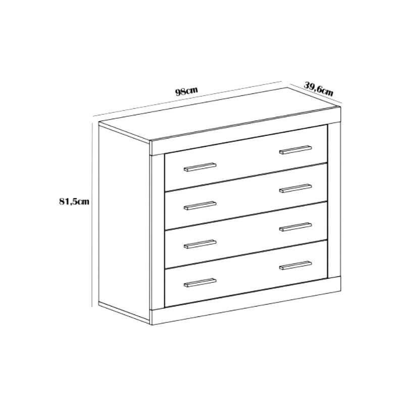 cómoda de madera 4 cajones 98 cm de ancho, 81 cm de alto y 39 cm de fondo