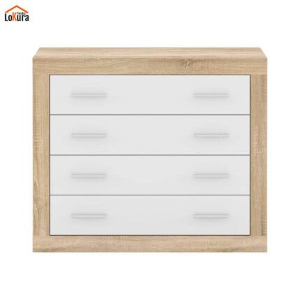 Imagen frontal de cómoda de madera 4 cajones en cambrian y blanco con estructura enmarcada y tiradores grises