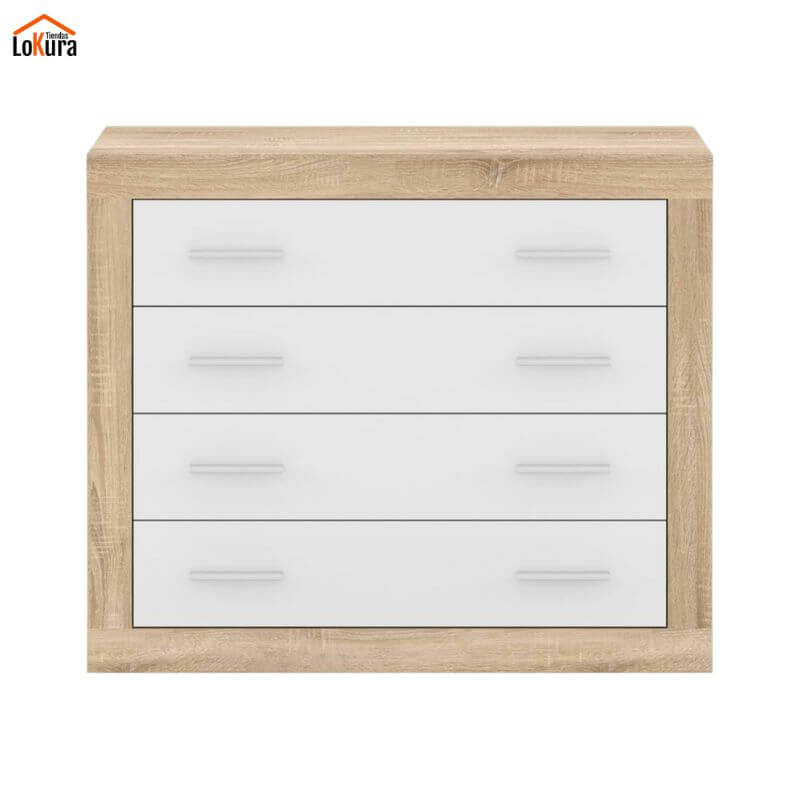 Imagen frontal de cómoda de madera 4 cajones en cambrian y blanco con estructura enmarcada y tiradores grises