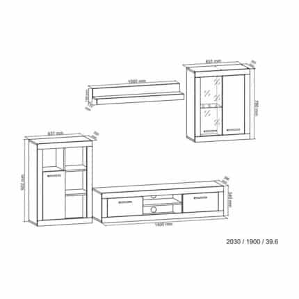 Detalle de la disposición modular de la Composición Salón Mini Shark Sunset 203cm: dimensiones óptimas para espacios reducidos.