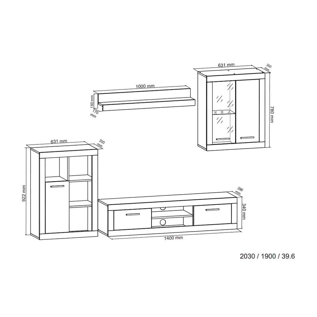 Detalle de la disposición modular de la Composición Salón Mini Shark Sunset 203cm: dimensiones óptimas para espacios reducidos.
