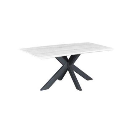 mesa de comedor rectangular 160cm con tablero en color Ártic y patas de metal negro, diseño moderno