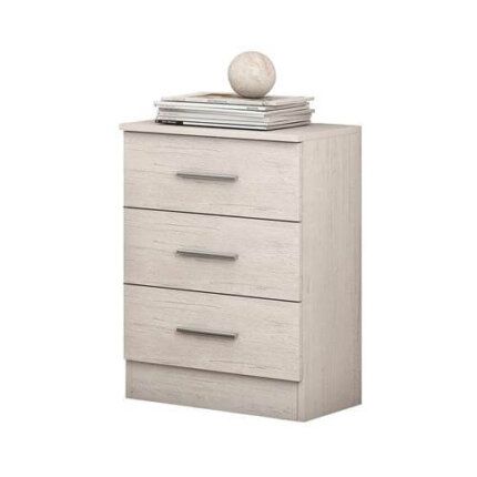 Mesa de noche tres cajones Ready en color blanco ártico con tiradores metálicos rectos